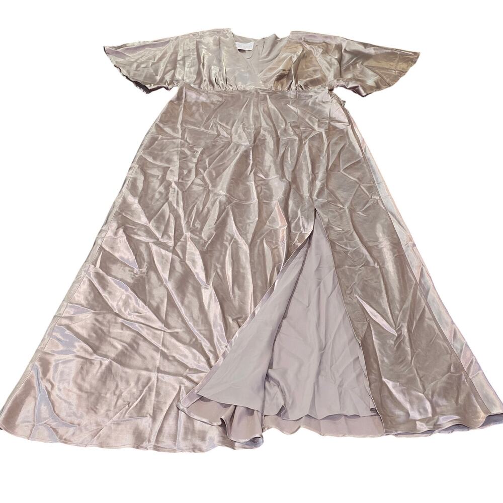 Birdy Grey Jesse Kimono Satin Dress Taupe Bridesmaid Maxi V-Neck Flutter Sleeve - Picture 11 of 12